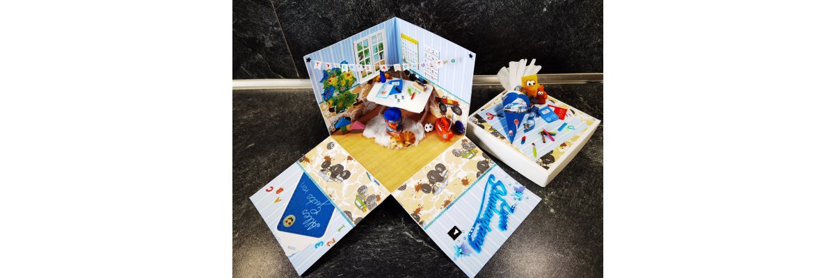 Explosionbox zur Einschulung - DIY Box Geschenk Gutscheinverpackung Geldgeschenk Gemeinschaftsgeschenk