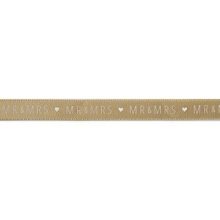 Ribbon 10 Meter Band baige/gold Antique gold mit wei&szlig;er Schrift MR&amp;MRS 10mm