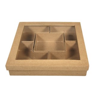 Pappmaché Box Quadrat mit 5 herausnehmbaren Fächer und Sichtfensterdeckel