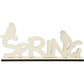 Holz Motive Schriftzug Spring mit Vögelauf Standleiste montiert 29cm lang