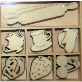 Holz Silhouettenschnitt Holzbox Küche Nudelholz Tasse Kanne Handschuh Frucht
