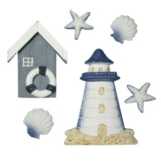 Maritime Miniatur Polyresin Dekoartikel Strandhaus Muscheln Leuchtturm blauweiß