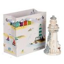 Polyresin Streudeko Miniatur hellblau Boot mit Leuchtturm Dekofigur Minigarten