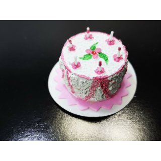 Deko Miniatur Minigarten Puppenhaus Diorama 1 Torte mit rosa Verzierung