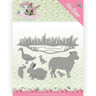 Amy Design Stanzschablone  Spring is here Schaf Hase Ente Küken Teich Ufergras