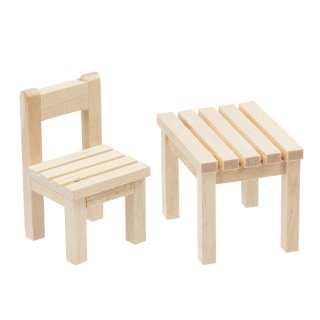 Stuhl und Tisch Mini-M&ouml;bel Sitzgarnitur Wichtelzubeh&ouml;r Holz-Sitzgruppe natur