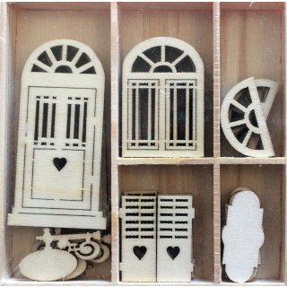 CE Wood Deco  Holz Silhouettenschnitt Holzbox OrnamentTüren Fenster Haus Schild